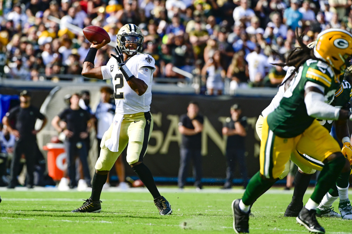 Sep 12, 2021; Jacksonville, Florida, USA; New Orleans Saints quarterback Jameis Winston (2) throws during the first half Green Bay Packers at TIAA Bank Field. Mandatory Credit: Tommy Gilligan-USA TODAY Sports